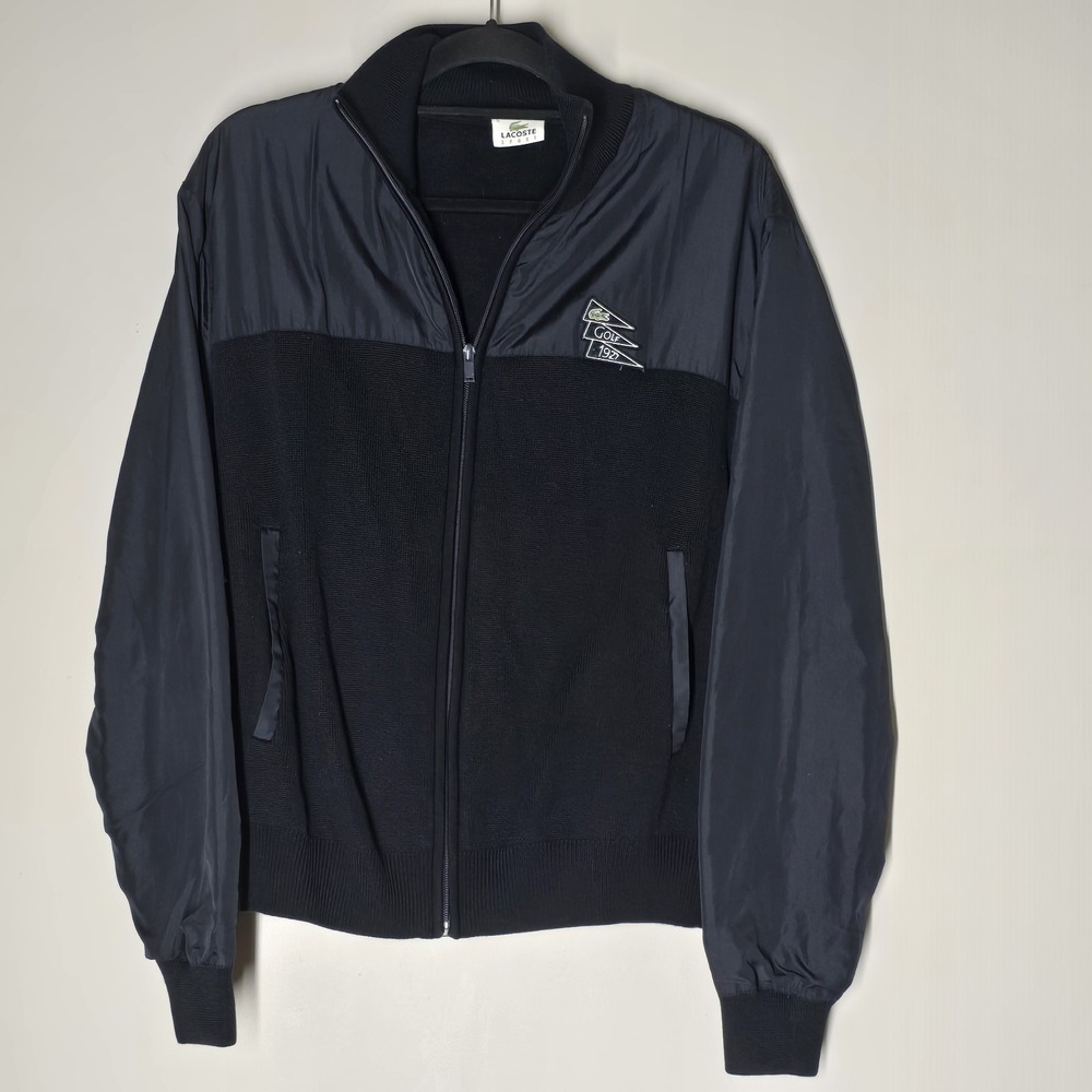Lacoste Sport Golf‎ Full Zip Jacket Men's 7 Black Wool Blend Logo Pennant